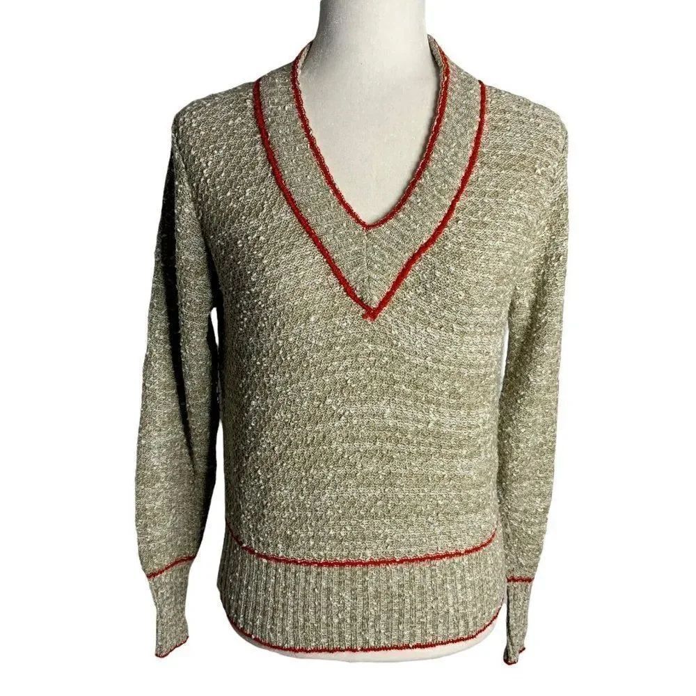 Vintage Boucle Knit Pullover Sweater S Beige V Neck Ribbed Trim Union Made